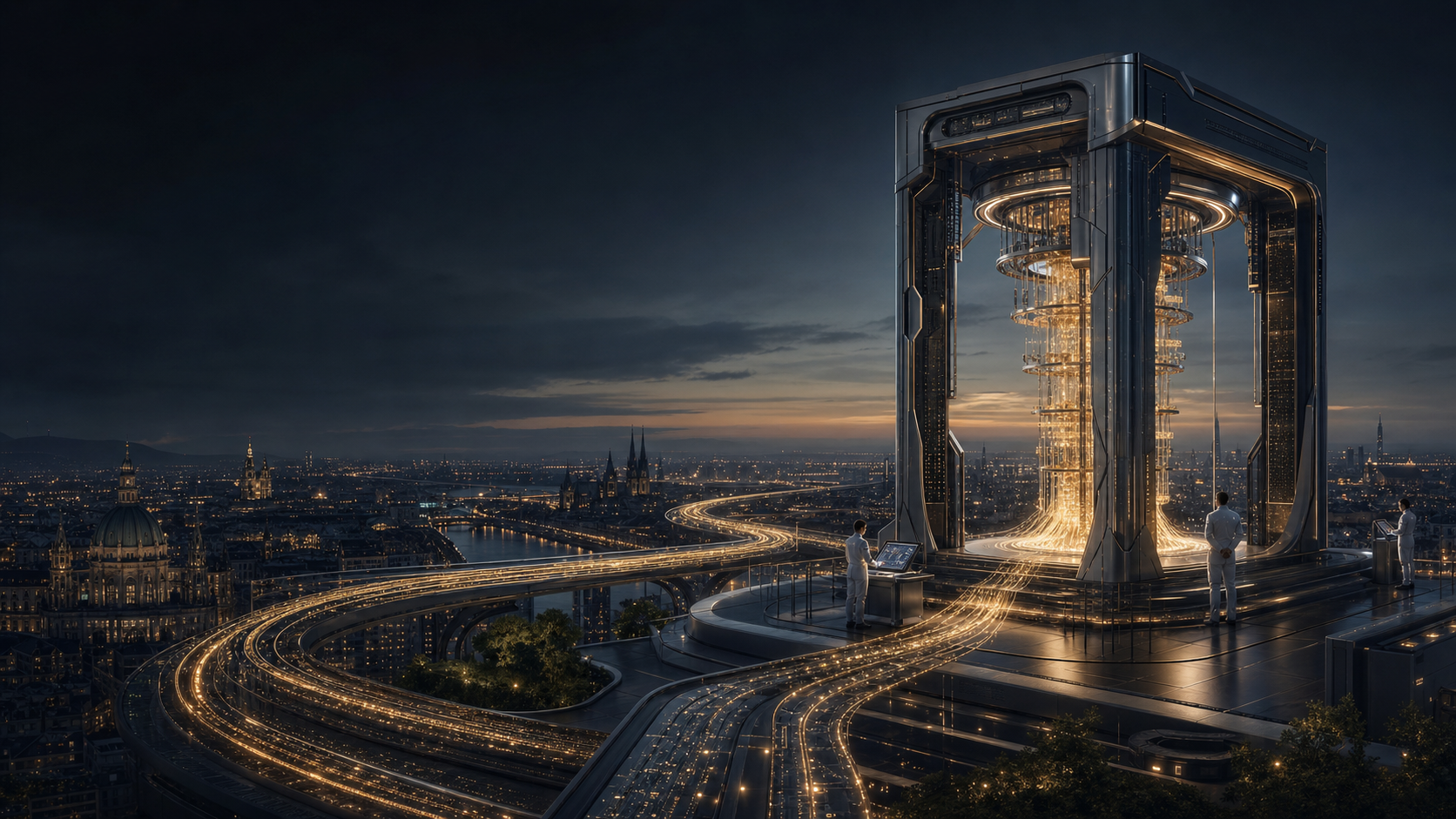 Goldene technologische Infrastruktur über einer europäischen Stadt